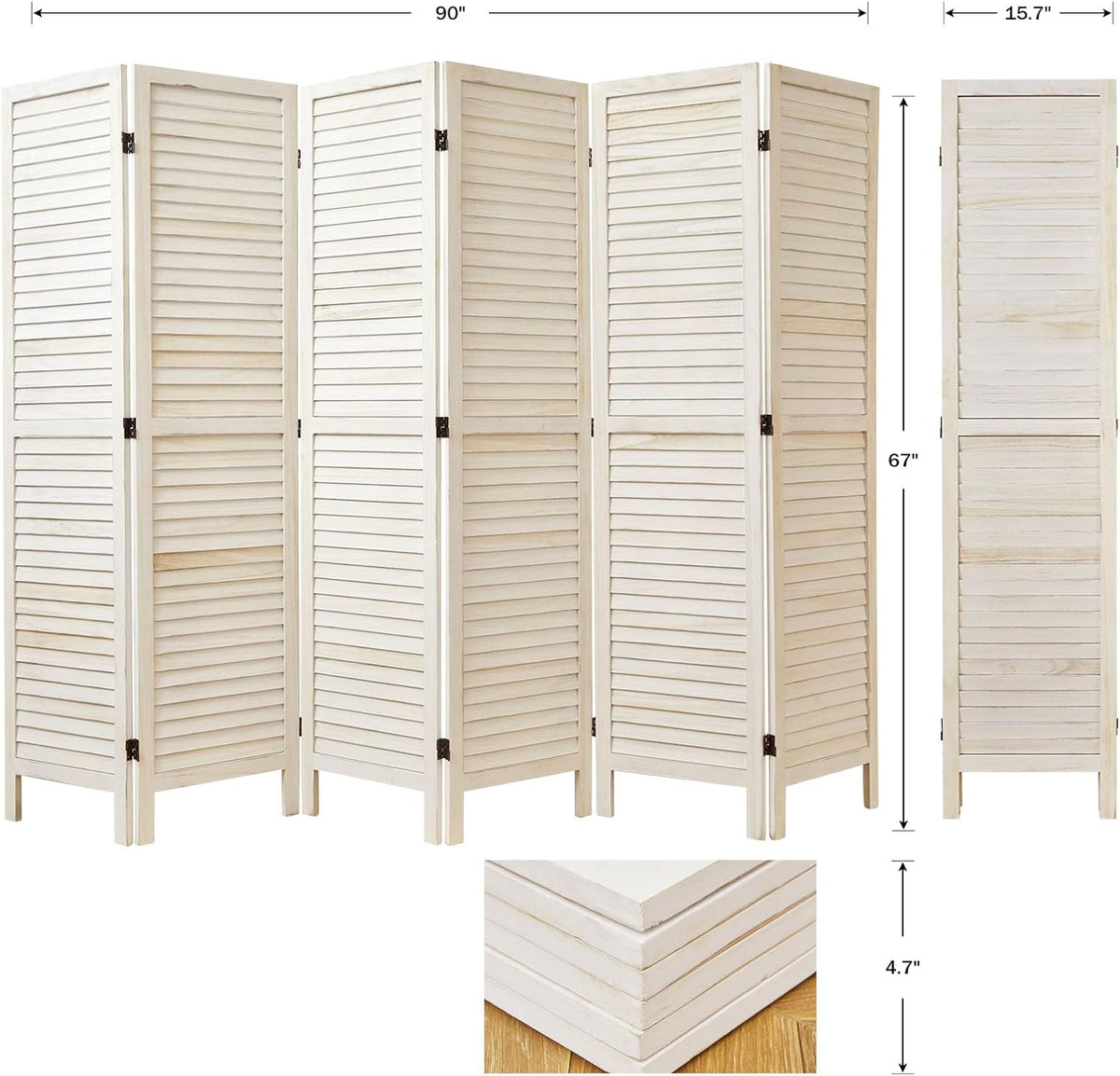 Room Dividers and Folding Privacy Screens, Wood Louvered Separators Divider Wall for Home Office Bedroom - 6 Panels, 67 * 90inch (White-Washed)