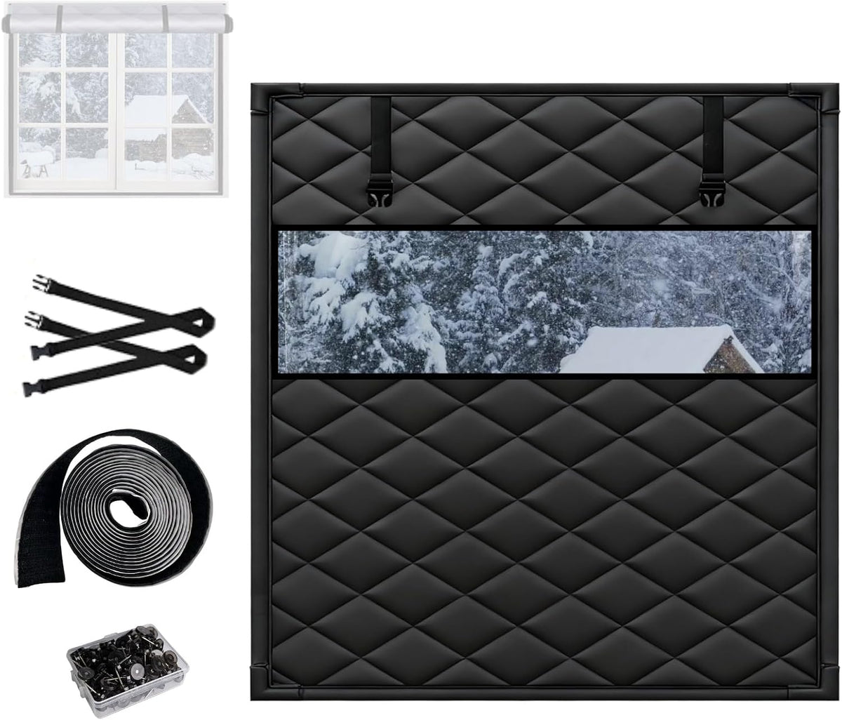 Window Insulation Kit For Window, 3 Laye Thicken Insulated Window Cover, Window Insulation Film With Clear Window, For Winterizing Keeping Home Warm(Black,63x106in/160x269cm)