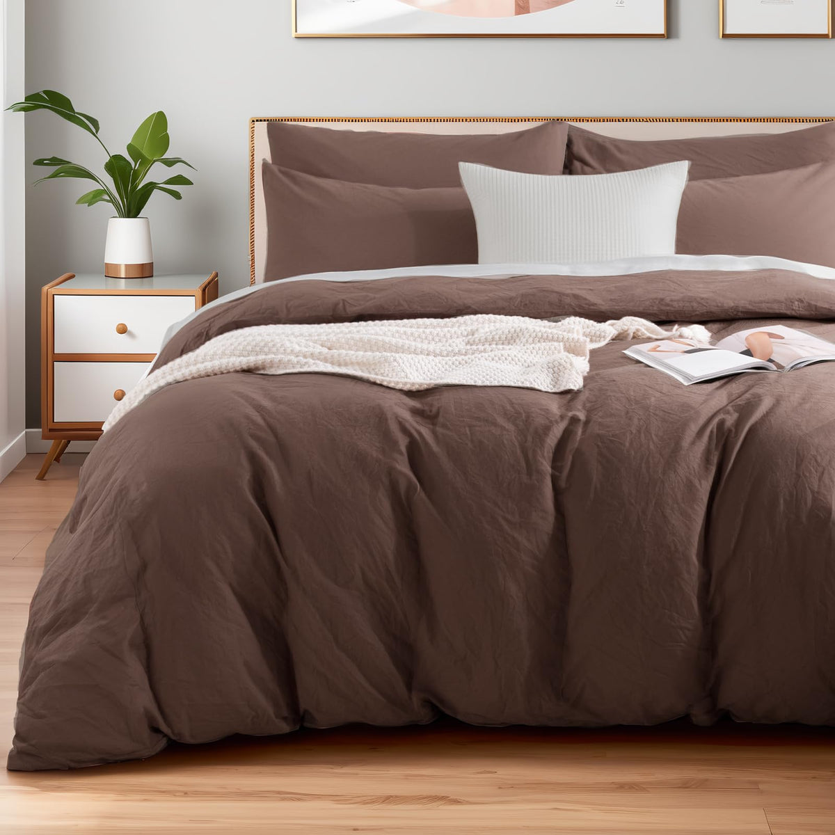NEXHOME PRO Duvet Cover Set Queen Size Linen Look Textured 100% Washed Cotton Duvet Cover Burgundy Dark Red 3 Pieces Bedding Set with Zipper Closure,Breathable, Soft Organic Natural(No Comforter)