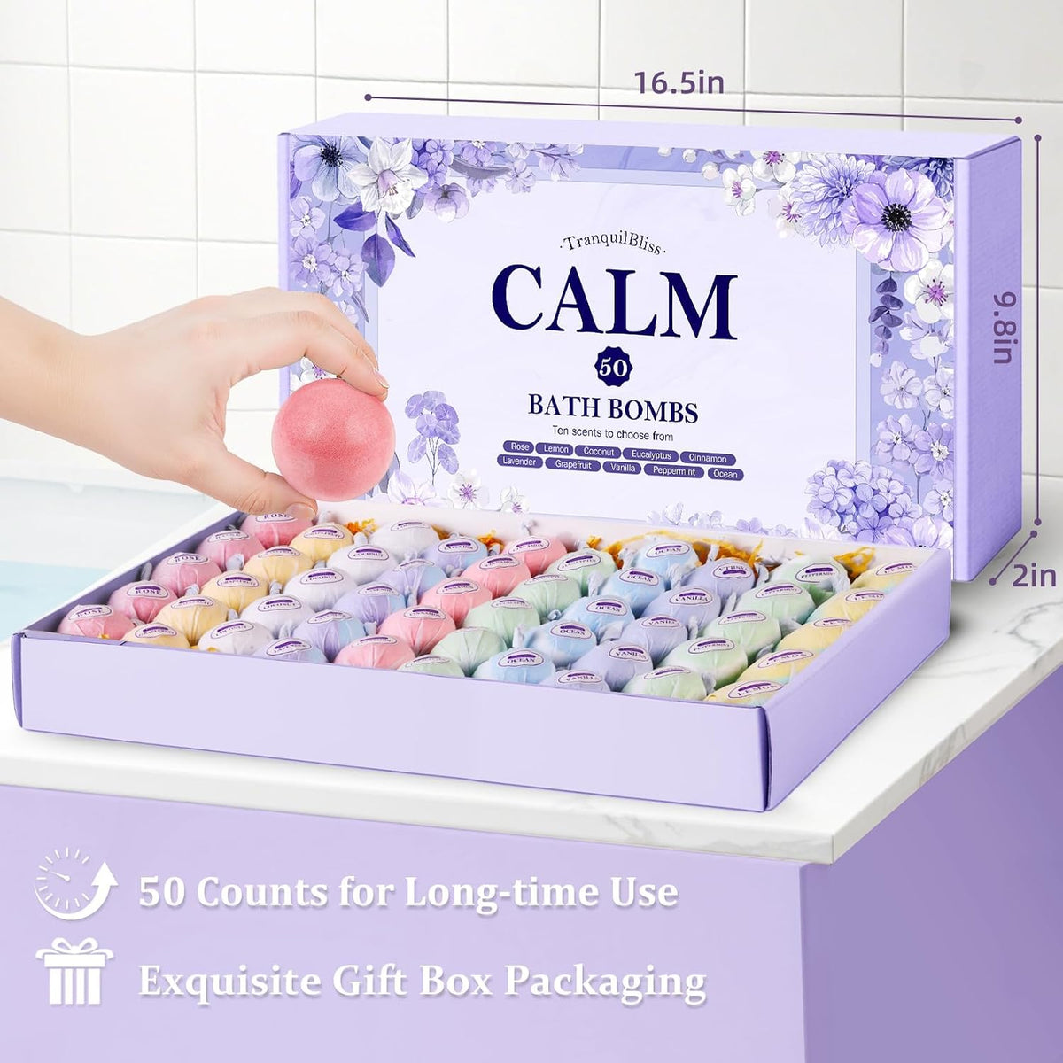 TranquilBliss Bath Bombs Set for Women, 50 PCS 10 Scents Natural Bathbombs