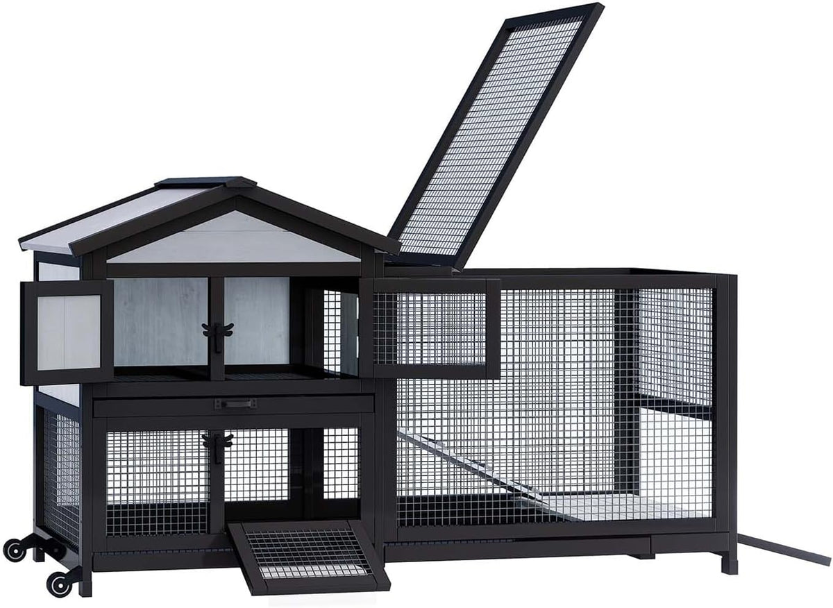 Rabbit Hutch 58" Rabbit Cage Outdoor&Indoor 2-Story Chicken Coop Guinea Pig Cage on Wheels Bunny Cage with 3 Deep No Leakage Pull Out Tray,Waterproof Roof (Black)