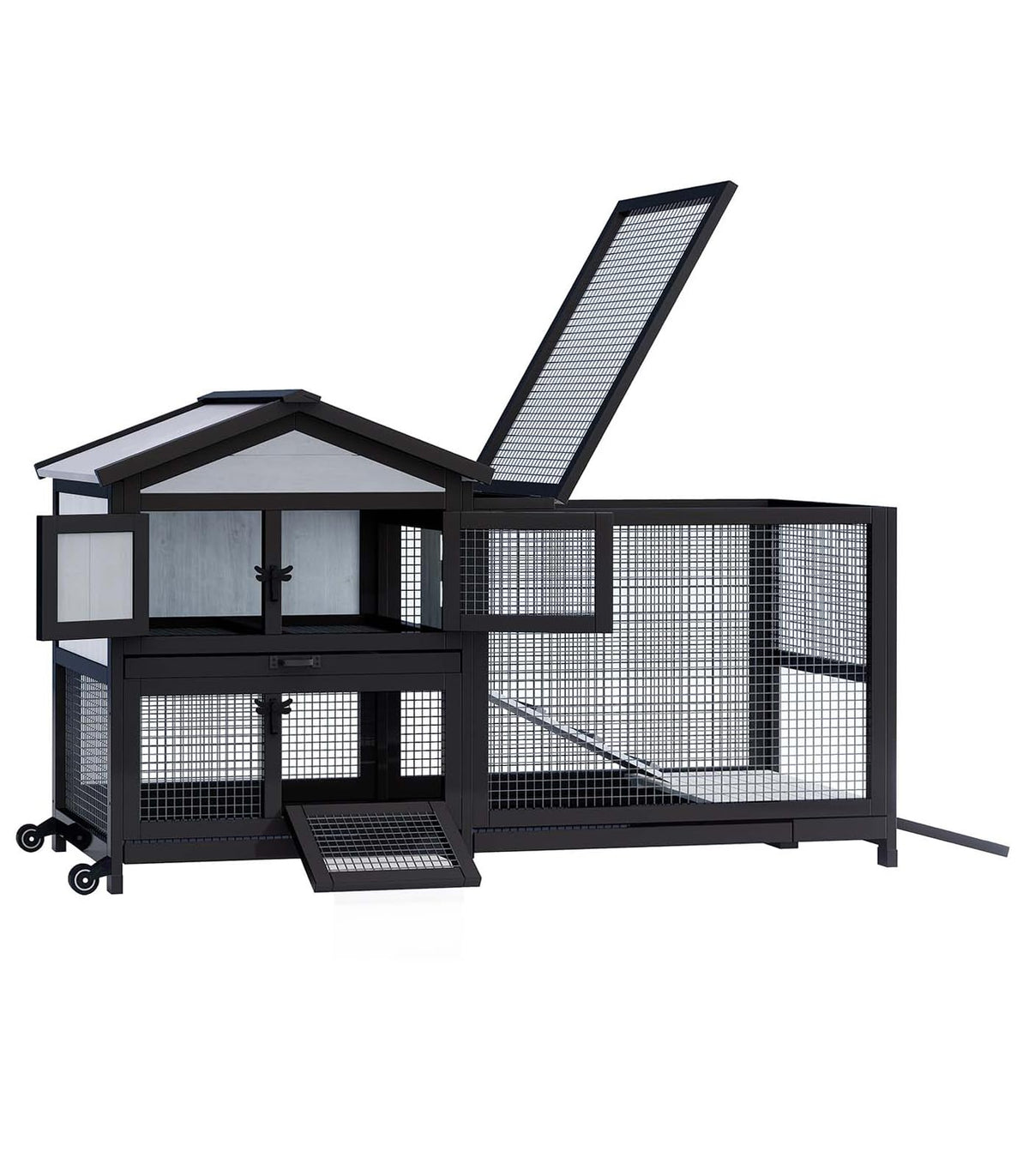 Rabbit Hutch 58" Rabbit Cage Outdoor&Indoor 2-Story Chicken Coop Guinea Pig Cage on Wheels Bunny Cage with 3 Deep No Leakage Pull Out Tray,Waterproof Roof (Black)