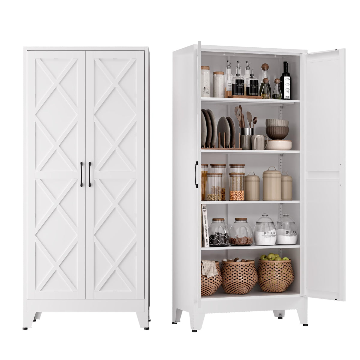COFaR Black Farmhouse Storage Kitchen Pantry Cabinet with 2 Barn Door, 3 Adjustable Shelves and Legs, for Cupboard/Dining Room/Bathroom/Living Room/Office/Laundry Room (Black, 61" Farmhouse)