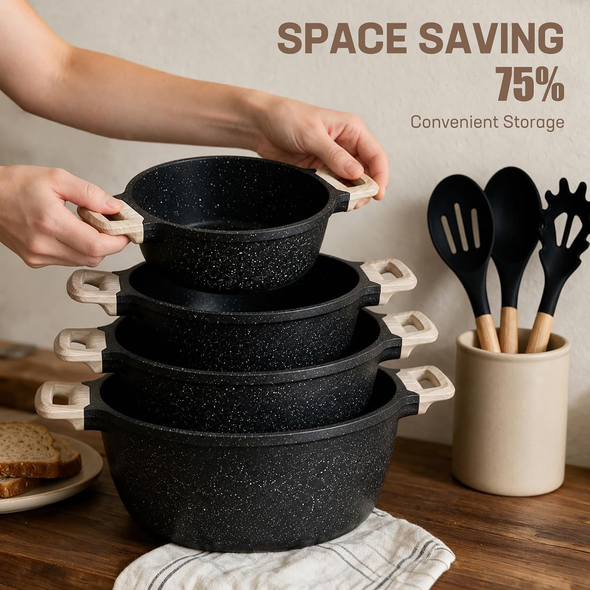 29-Piece Nonstick Cookware Set, Sauce Pots and Pans,3.5QT/4QT/5QT/8.8QT STOCK POT,10 PAN protector,7 utensil,All Cooktops Compatible, Includes Steamer,black