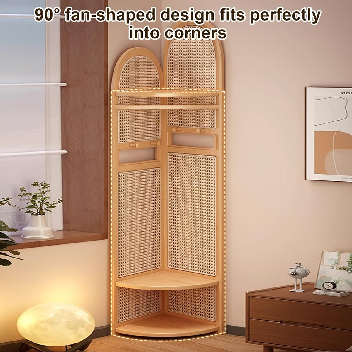 Wooden Corner Clothes Rack, 3-Tier Rattan Corner Hall Tree with Bench and Shoe Storage, Entryway Coat Rack with 4 Hooks, for Entryway or Bedroom(Black)