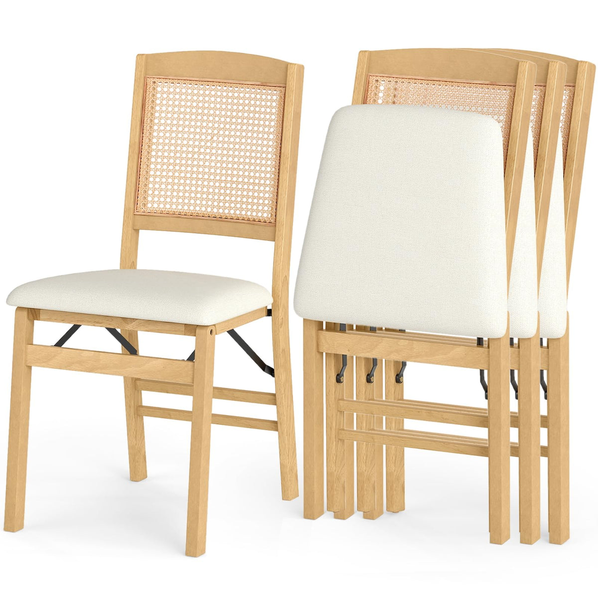COSTWAY Folding Chairs Set of 4 w/Rattan Backrest & Padded Seat (Espresso)