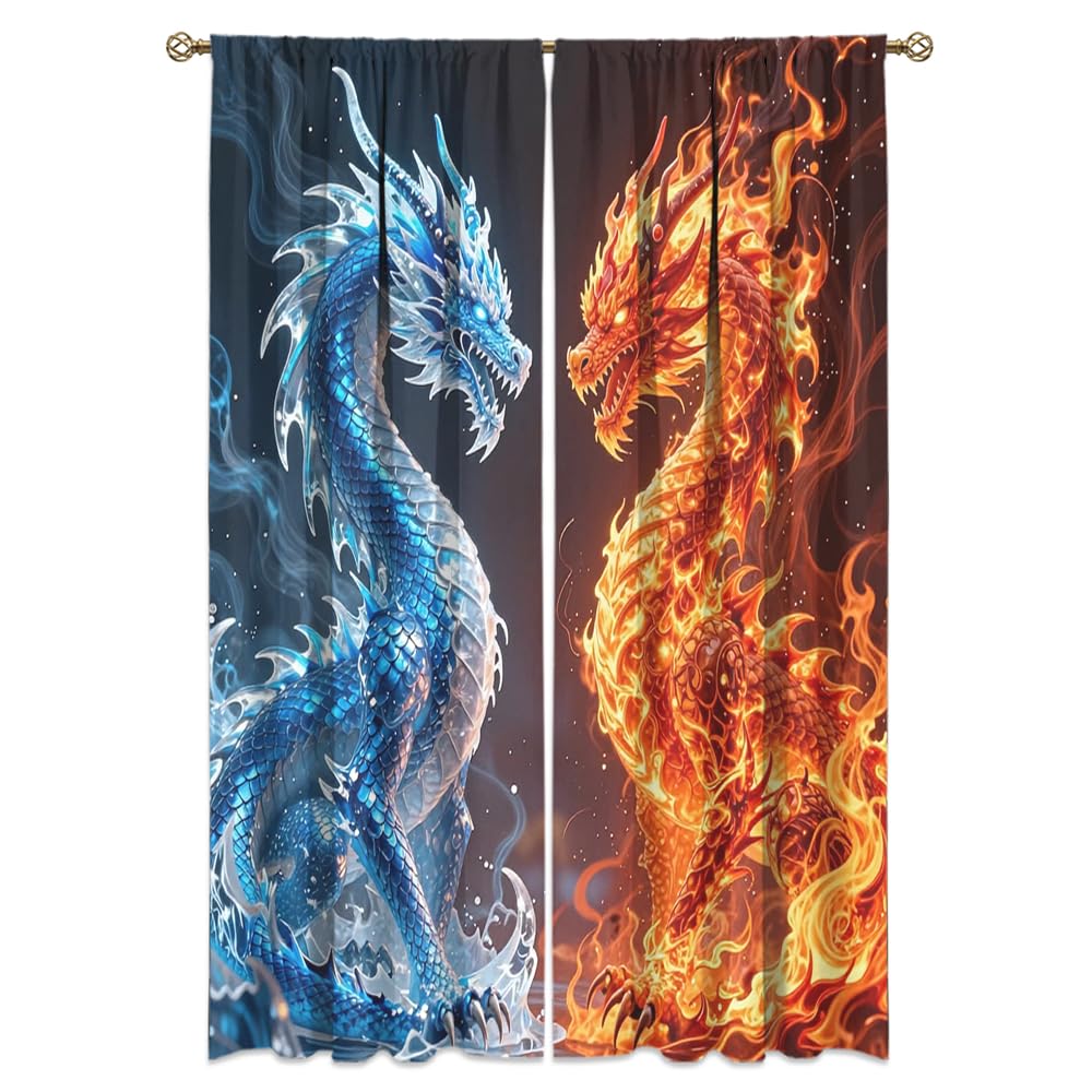 Fantasy Mythical Animal Dragon Curtains,Dreamy Galaxy Full Moon Room Darkening Blackout Window Treatment,Mythological Wildlife Dragon Rod-Pocket Privacy Curtains,2pcs,Each 52“W x 96”L
