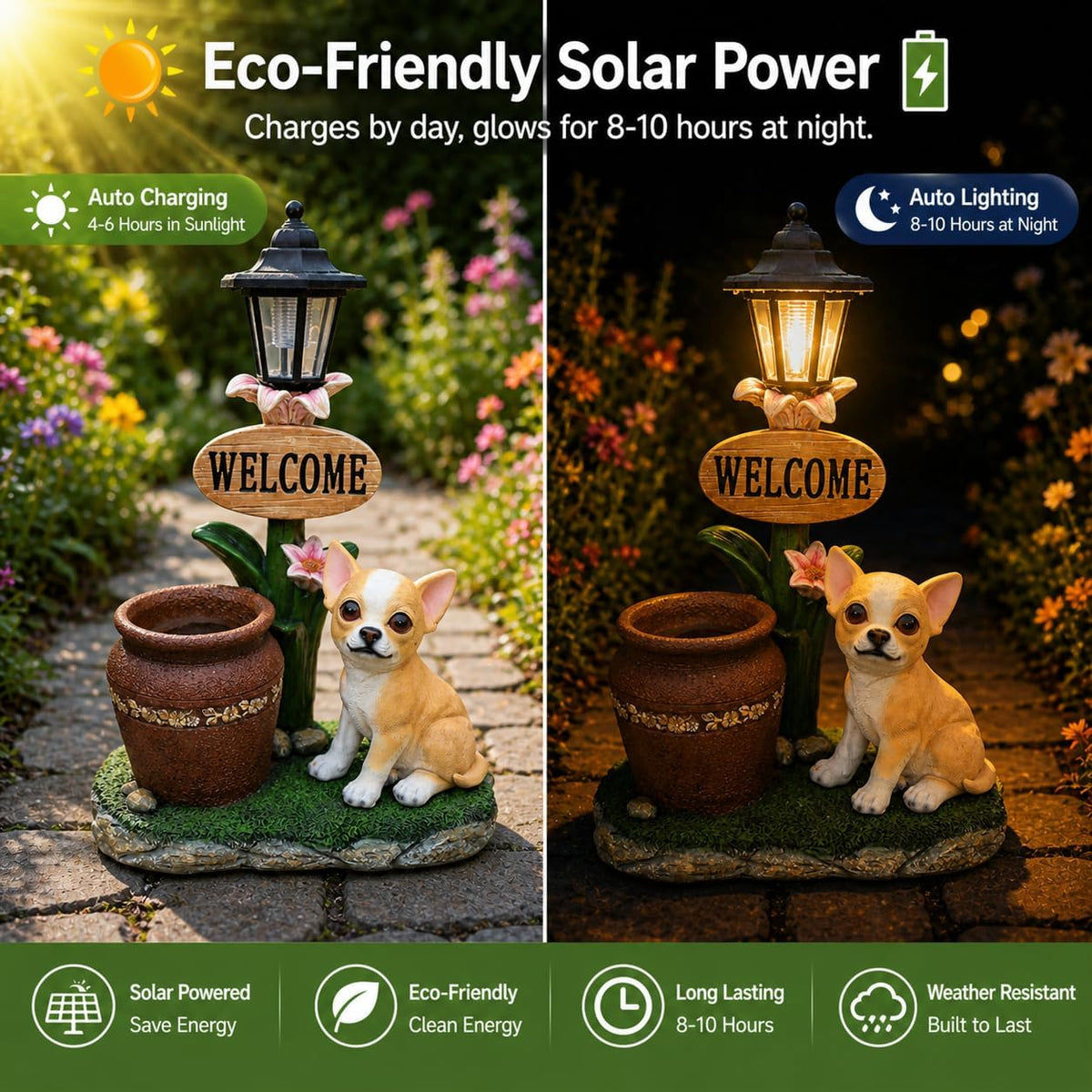 Solar Chihuahua Dog Statue with Welcome Sign & Lantern, Resin Puppy Garden Figurine Planter Pot, Realistic Outdoor LED Light for Porch, Yard Art & Lawn Decor, Unique Gift for Dog Lovers
