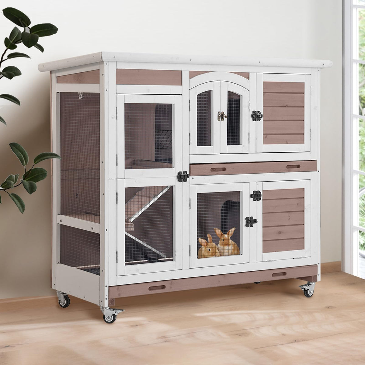 GUTINNEEN Rabbit Hutch Mobile Bunny Cage with Large Wheels, Chewproof Ramp, Leak Proof Trays – Ideal Cage for Rabbits, Guinea Pigs, Indoor/Outdoor Use, 44" L x 20" W x 41.5" H