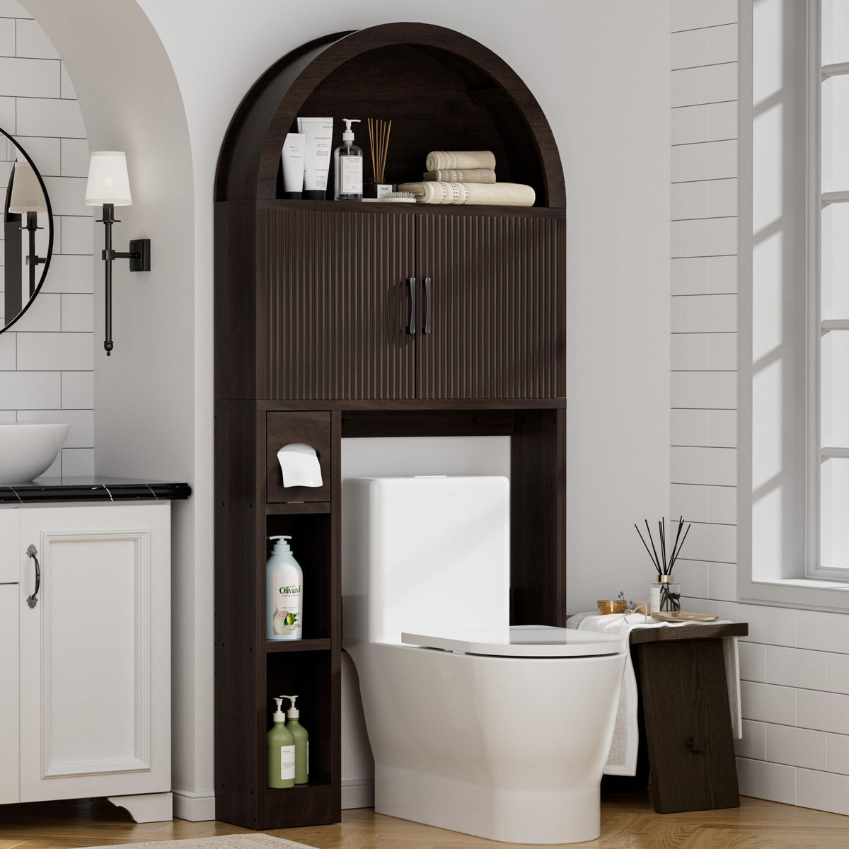 Spurgehom Over Toilet Storage Cabinet, Bathroom Arch Organizer, Black