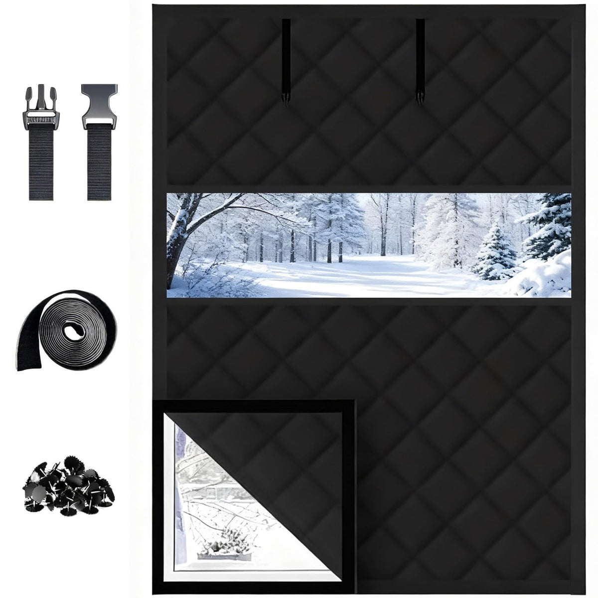 3 Layer Window Insulation Kit Thermal Insulated Window Cover 35x59 47x63 63x39 inch Oxford Cloth Thicken Cotton Soundproof Roll-Up Design Reusable Winterize Curtain for Attic Bedroom(Black,W59xH106")