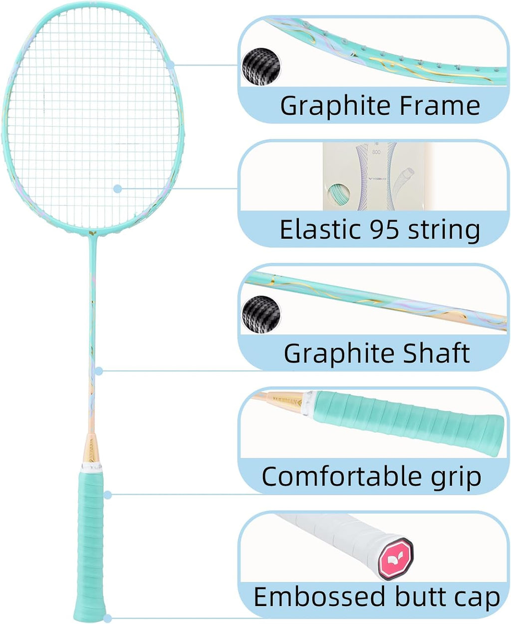 YODIMAN Single Professional Badminton Racket for Advanced Players - 50T Graphite Carbon Fiber with Aerodynamic Frame, Pre-Strung 26lbs, Ultra-Light 5U for Club & Tournament