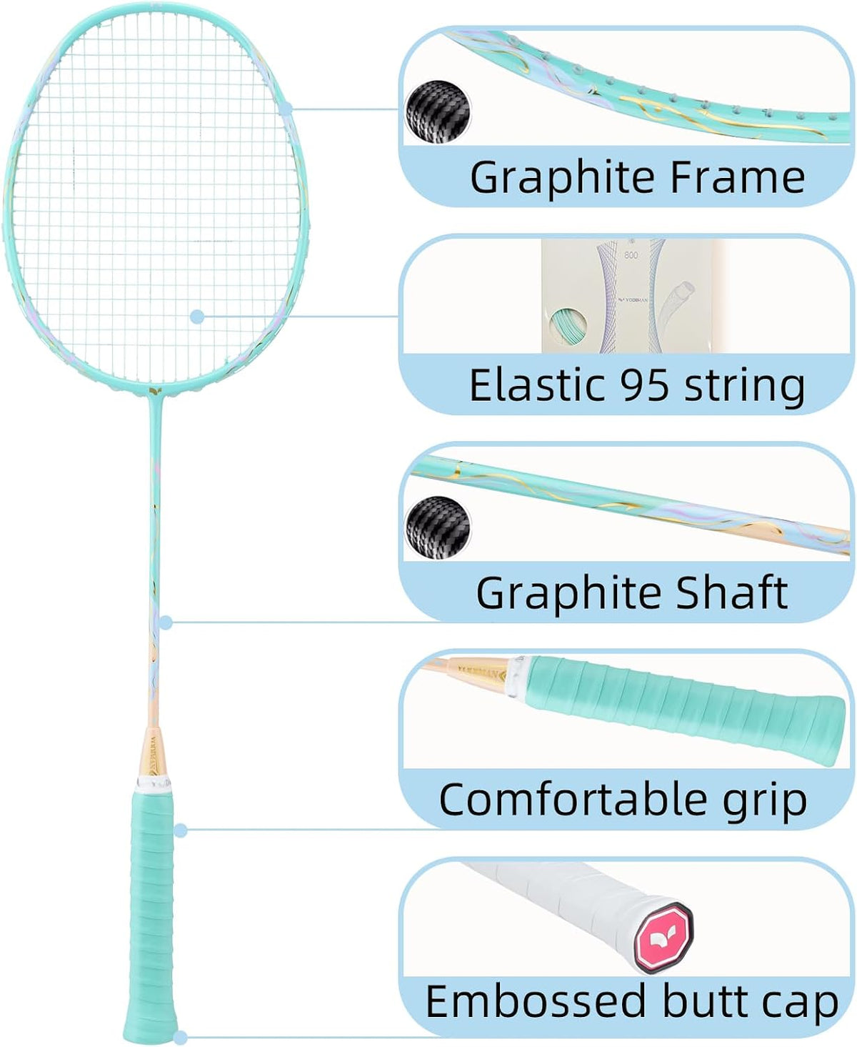 YODIMAN Single Professional Badminton Racket for Advanced Players - 50T Graphite Carbon Fiber with Aerodynamic Frame, Pre-Strung 26lbs, Ultra-Light 5U for Club & Tournament