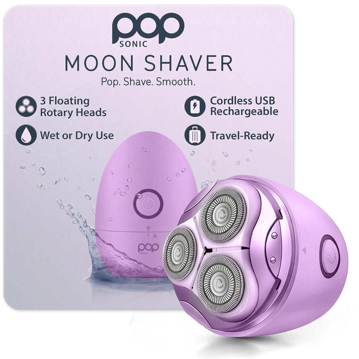 Pop Sonic Moon Shaver – 3-Head Electric Face & Body Shaver – (Lavender) – 3 Floating Rotary Heads Trimmer w/Removable Cap – Titanium Blades & Lithium-ion Battery – Razors for Women & Razors for Men