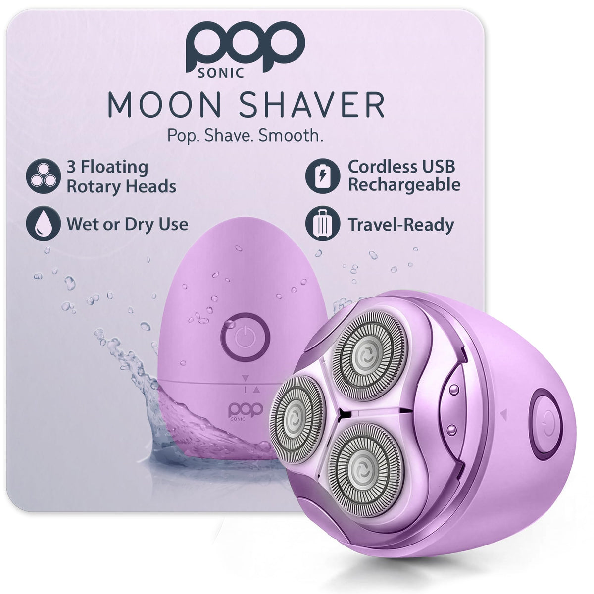 Pop Sonic Moon Shaver – 3-Head Electric Face & Body Shaver – (Black) – 3 Floating Rotary Heads Trimmer w/Removable Cap – Titanium Blades & Lithium-ion Battery – Razors for Women & Razors for Men