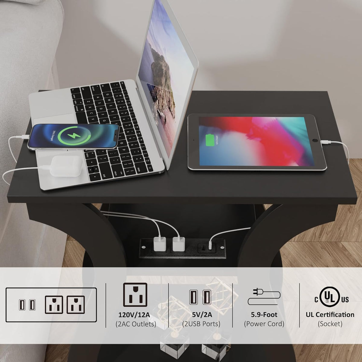 FROMJBEST End Tables Living Room Set of 2 with Charging Station, Black