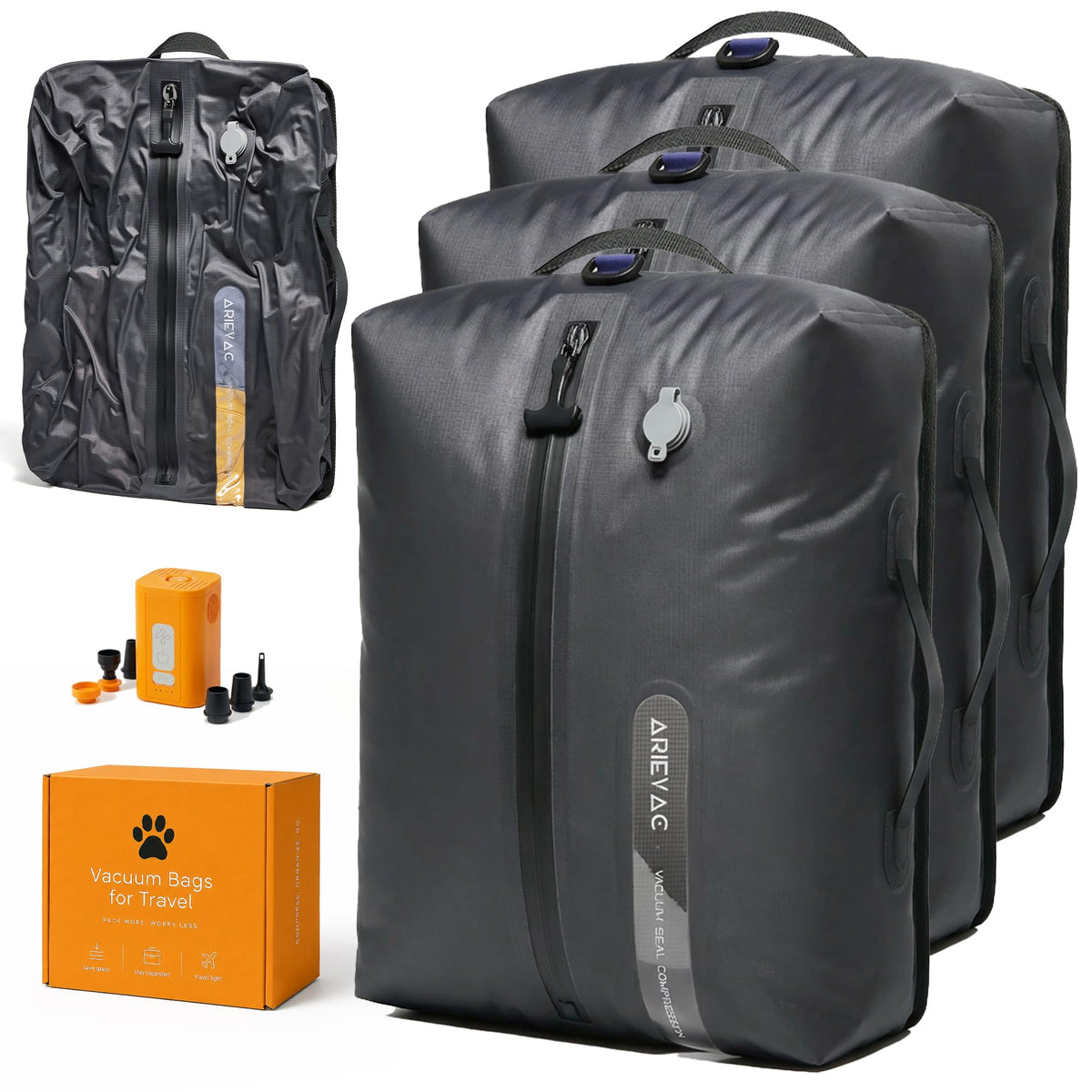 IKYWT Vacuum Seal Bags for Travel w/Pump, 18L Compression Packing Cubes for Carry-On Suitcase & Travel Backpack, Reusable IP67 Waterproof Vacuum Storage Kit, Gift Set (3-Pack)