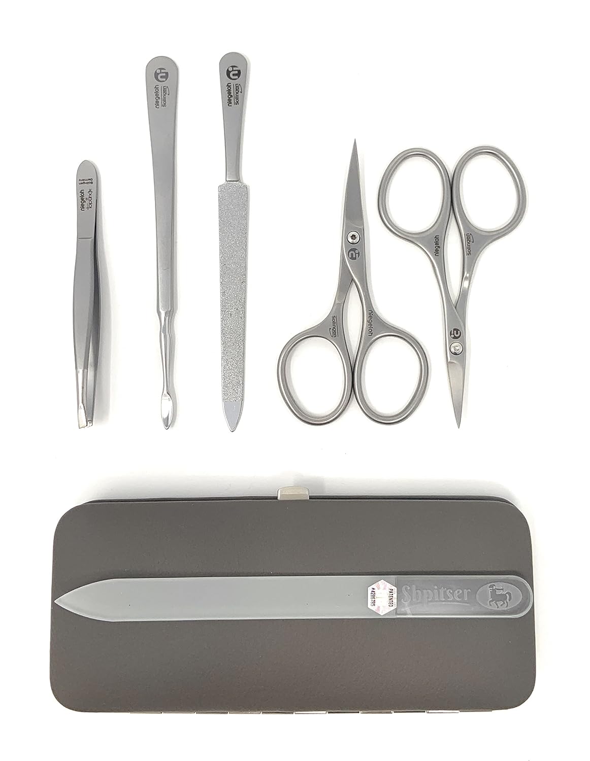 Niegeloh Solingen TopInox Surgical Stainless Steel Luxuries Manicure Set Grooming kit In Quality Nappa Leather Case Made in Germany Plus BONUS: SHPITSER Crystal Glass Nail File