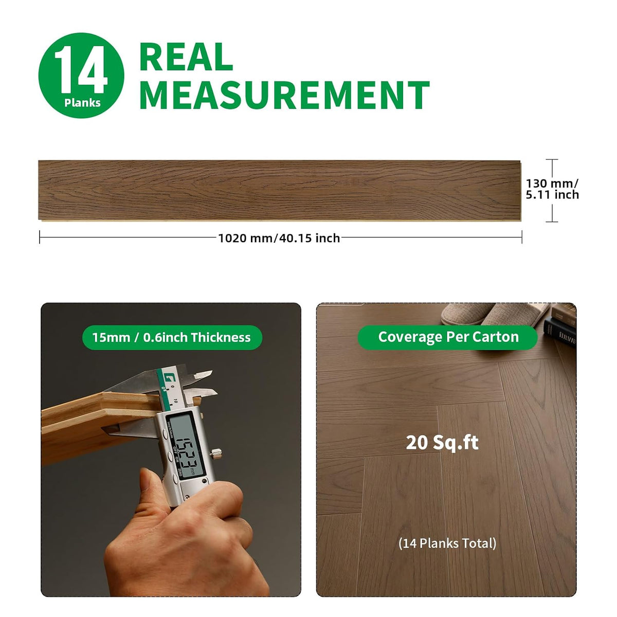 Solid Bamboo Flooring, 40.15" L x 5.11" W x 0.6" T, Warm Brown Oak Grain, Tongue & Groove Waterproof Planks, 14 Planks (Covers 20 Sq Ft)