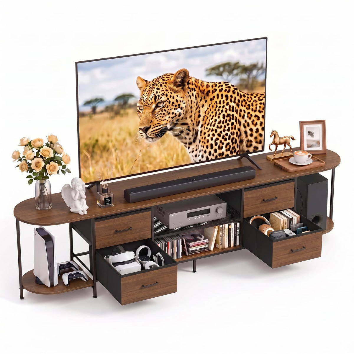 Faesun 63" TV Stand for TVs up to 75 Inches, Curved Edge Media Console & Entertainment Center with 2 Fabric Drawers, Modern TV Console Table for Living Room or Bedroom, Rustic Brown