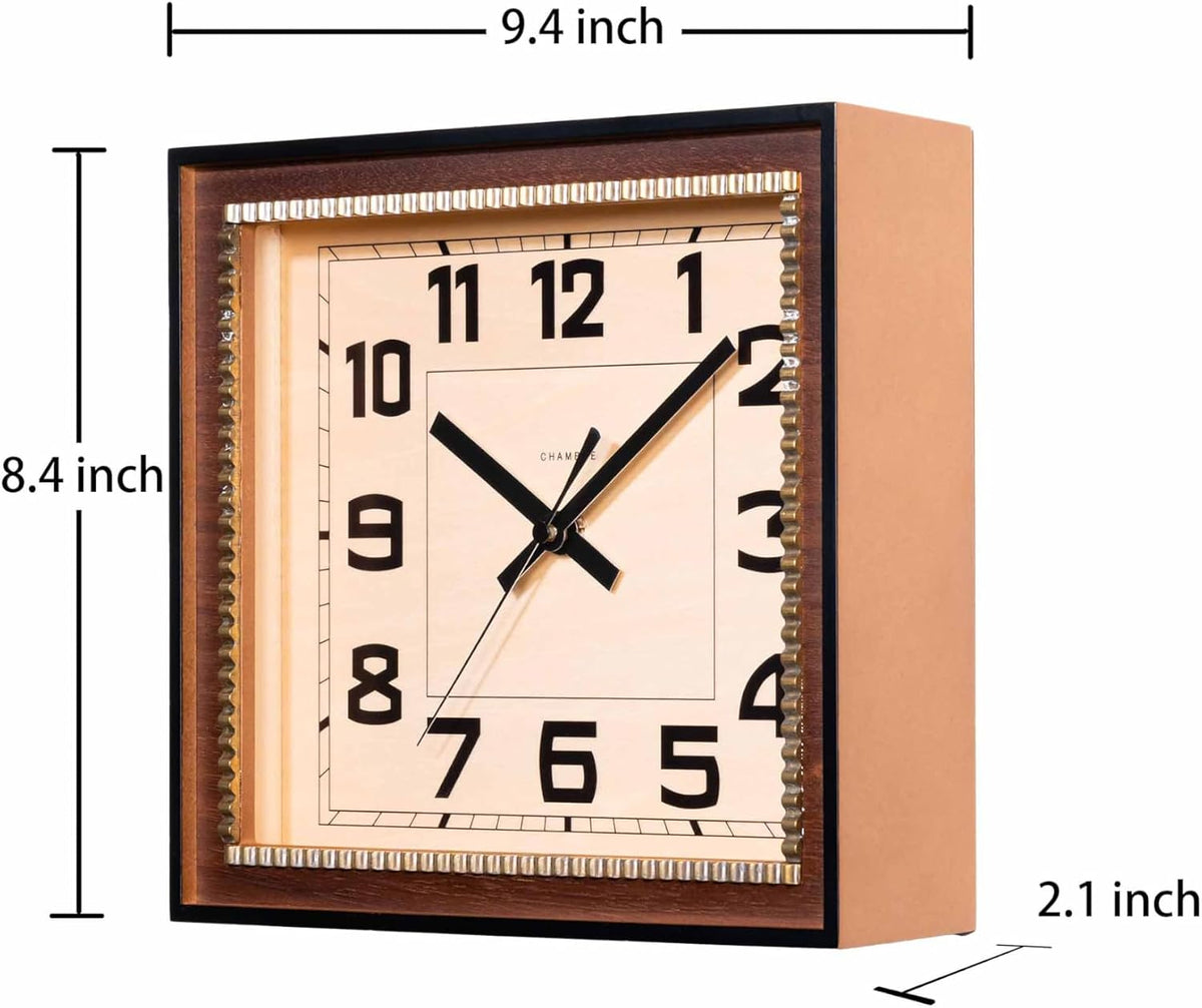Brass Clock Japanese Handcrafted Solid Wood Clock Silent Non-Ticking Battery Operated Modern Decorative for Living Room Bedroom Office Brass Rectangle Clock CH-053 (Oak)