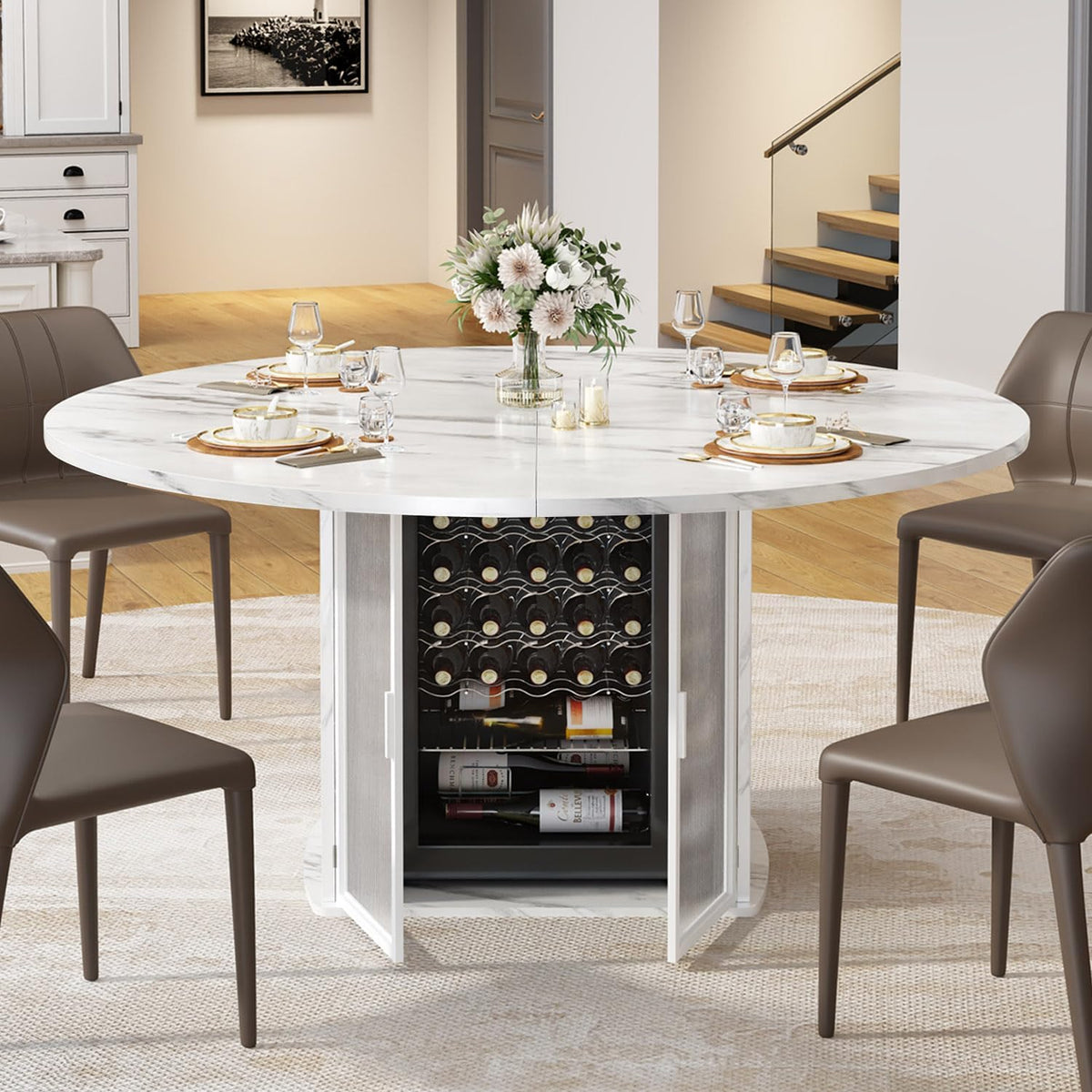 IBF 47" White Faux Marble Round Dining Table with Storage for Dining Room