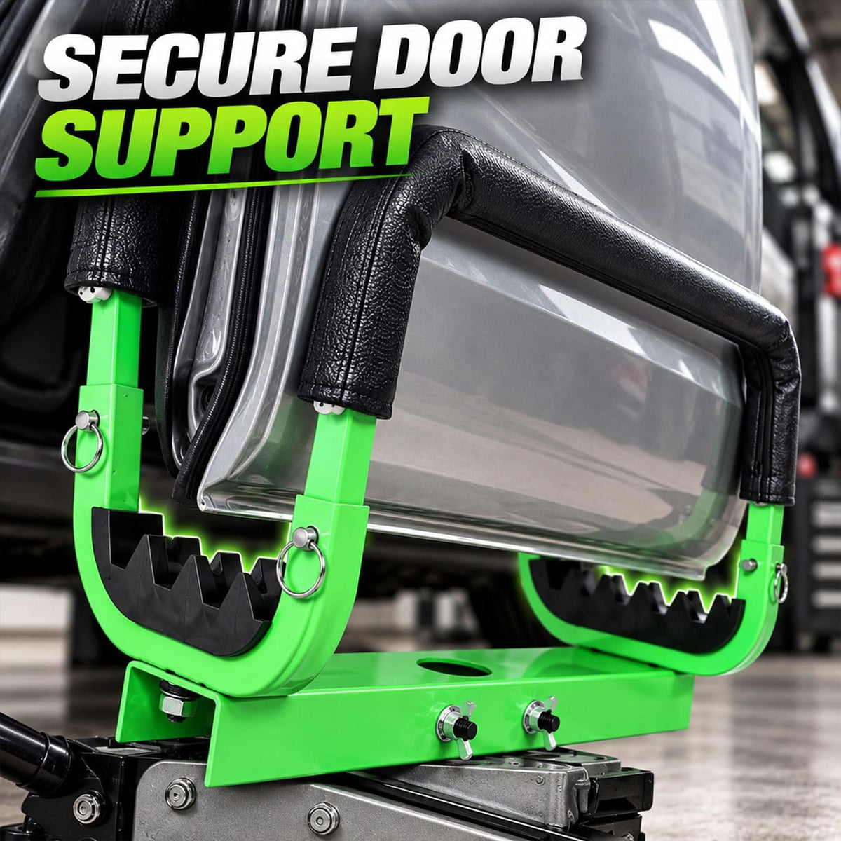 Car Door Hanger for Floor Jack, Adjustable Steel Vehicle Door Removal Tool, Padded Auto Body Support Stand Compatible with Jack Saddles for Car Door Installation Storage and Garage Repair,Green