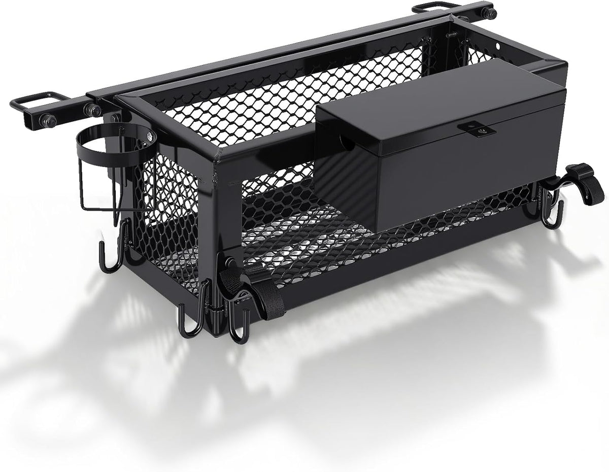 Garvee Heavy Duty Tractor Tool Box, Tractor Basket Accessories with Storage Bag, Hook, and Ratchet Strap, 24x10x10in Tractor Basket Attachment, Fit for Most Tractors and Zero Turn Mower