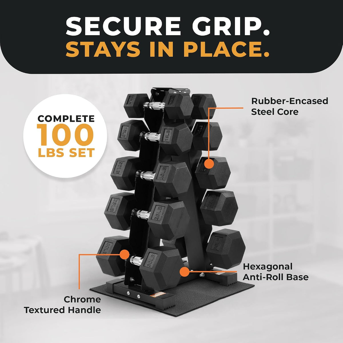 BalanceFrom Rubber Coated Hex Dumbbell Weight Set with Storage Rack, 100LB or 150LB or 200LB Set, 5-20 lbs or 5-25 lbs or 10-30 lbs Pairs