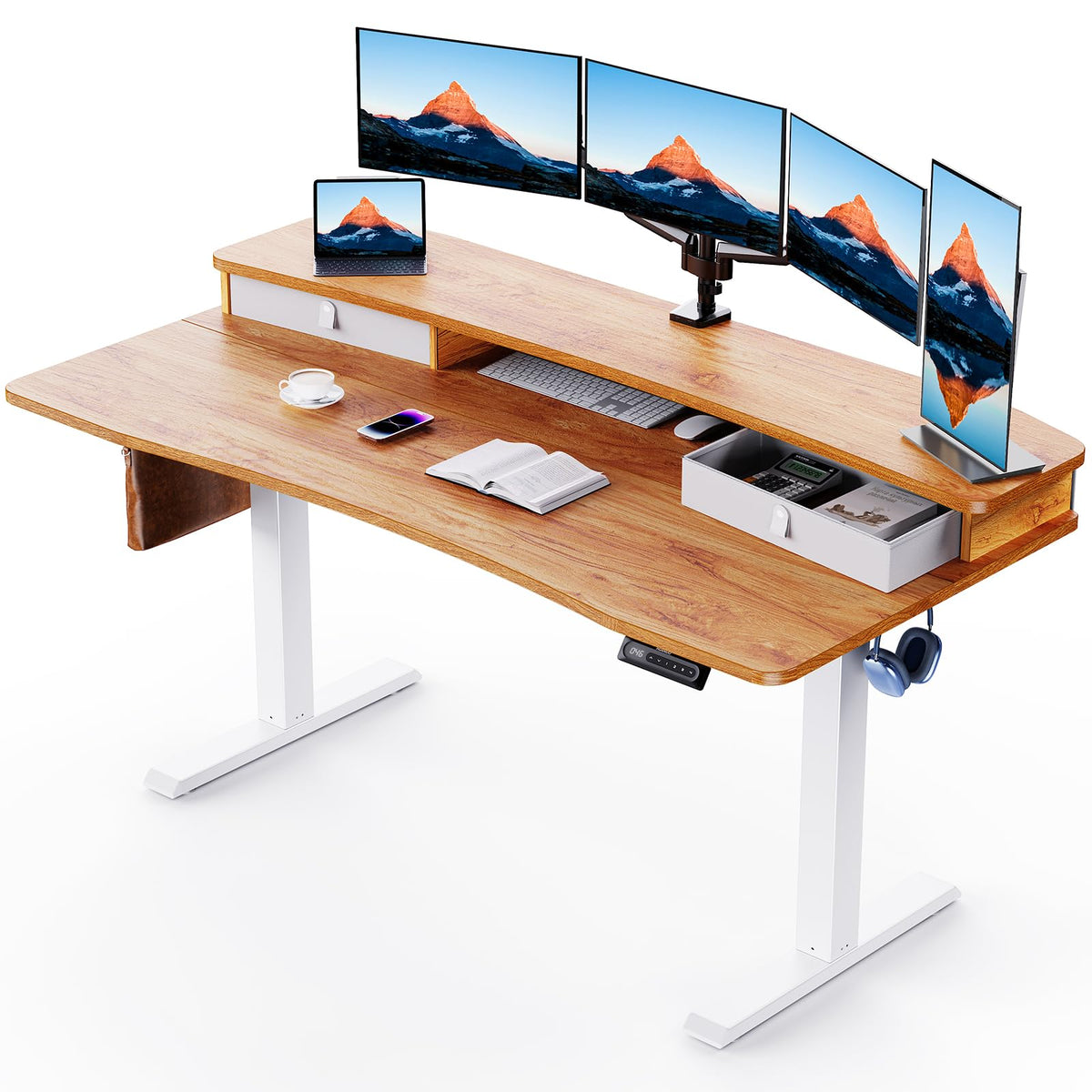 HUANUO 48″ x 28″ Electric Standing Desk with 2 Drawers, C-Clamp Mount Compatible, Height Adjustable Computer Desk, Home Office Stand Up Desk with 4 Preset Heights & 2 Hooks, Black