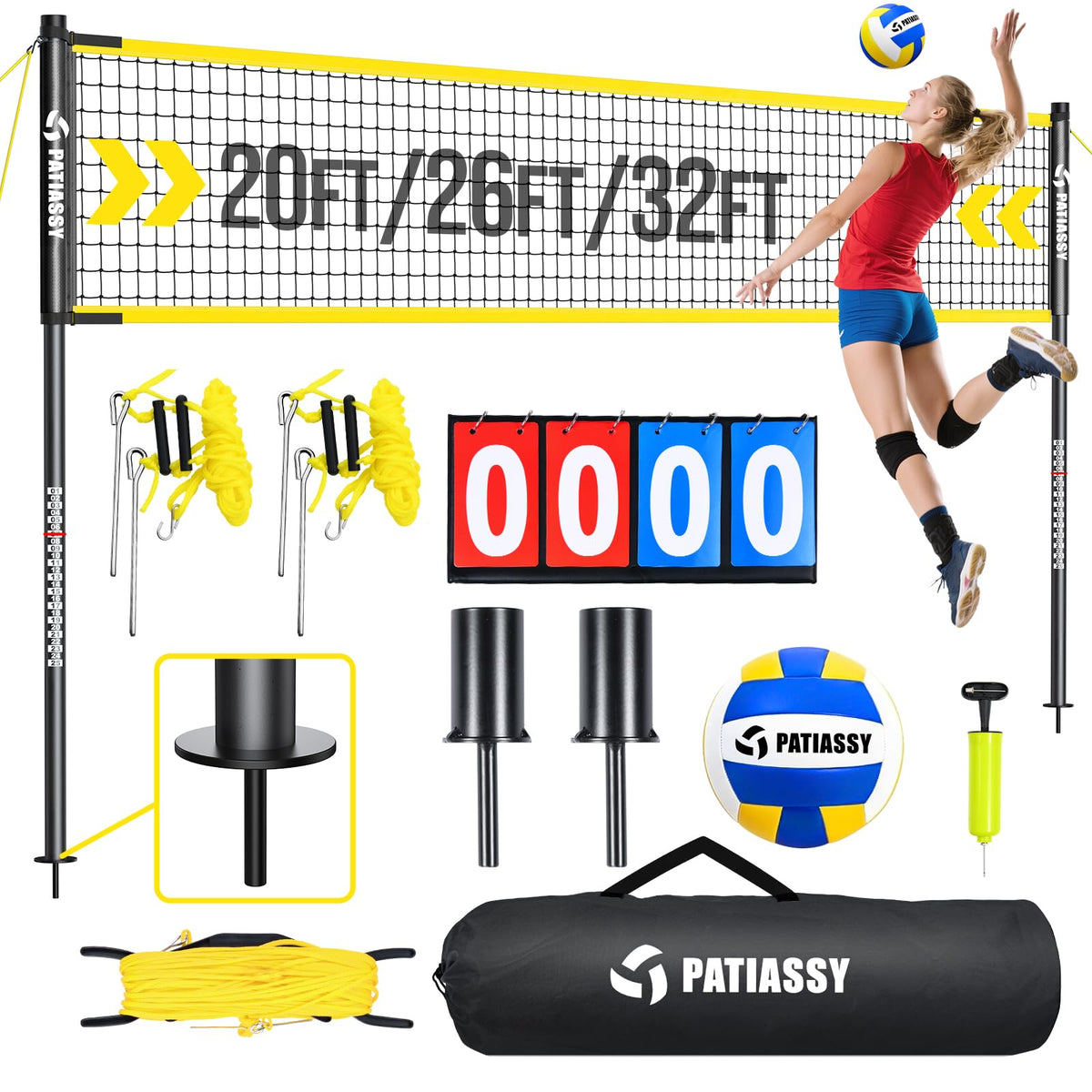 Portable Volleyball Net Set for Backyard, Adjustable Width (32/26/20FT) & Height, Anti-Sag Tension Design for Outdoor Stability, PU Volleyball with Pump, Carry Bag
