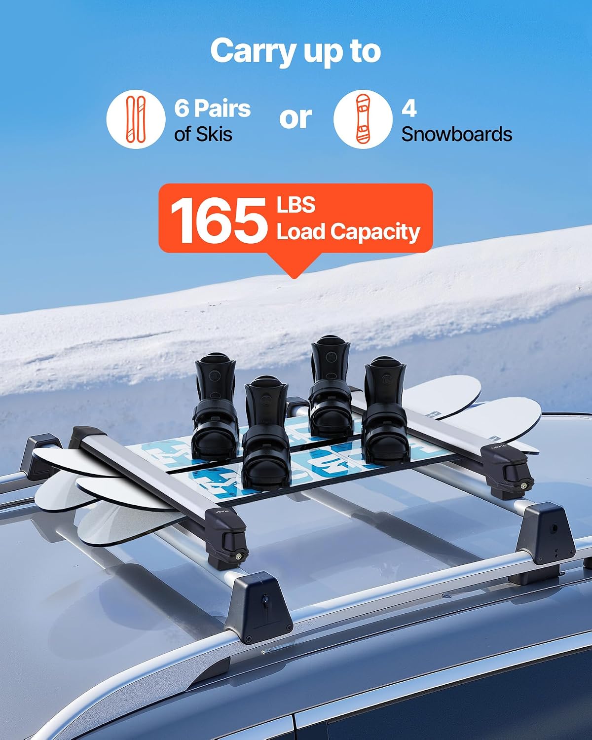 VEVOR Ski & Snowboard Roof Rack, Carry up to 6 Pairs of Skis or 4 Snowboards, 2 PCS Aluminum Universal Car Roof Rack with Lock & Rubber Padding, Carrier for Fishing Rod, Fit Most Slotted Crossbars