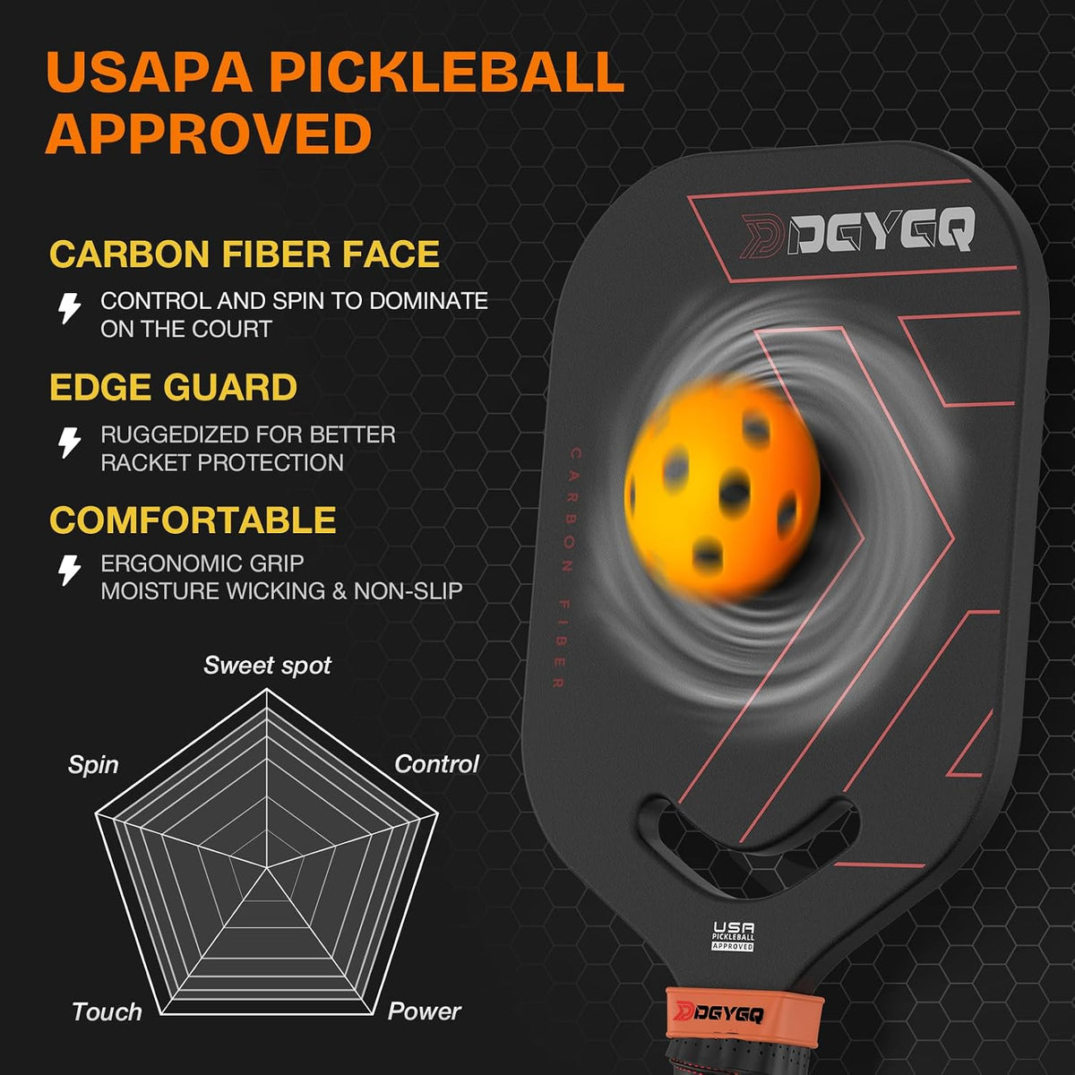 DGYGQ Pickleball Paddles, Edgeless Carbon Fiber Pickleball Paddle with Polypropylene Honeycomb Core, Increased Power for Ultimate Spin & Consistency (Red)