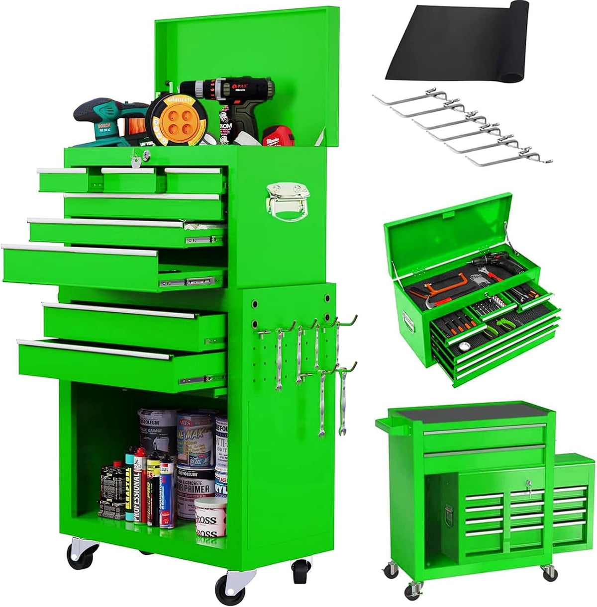 5-Drawer Rolling Tool Chest with Detachable Tool Box, Lockable Wheels, 4 Hooks, and Liner, Heavy-Duty Metal Tool Cart for Garage and Workshop Storage, Blue