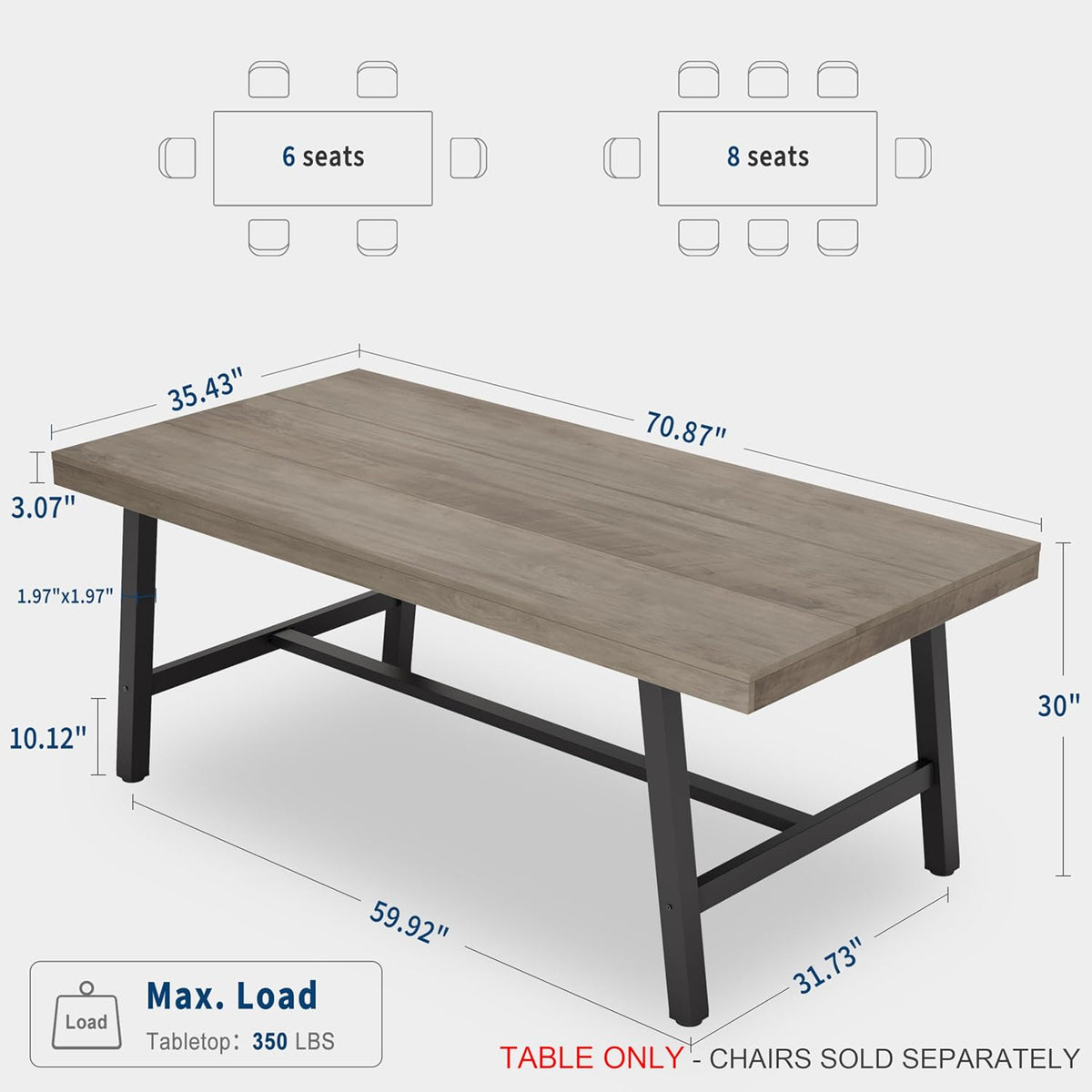 GarveeHome Industrial Dining Table for 6-8 People, 70.87" Long Large Kitchen Table with Sturdy Metal Frame, Rectangular Counter for Dinner, Kitchen, Dining Room (Grey, 71" Non-extendable)
