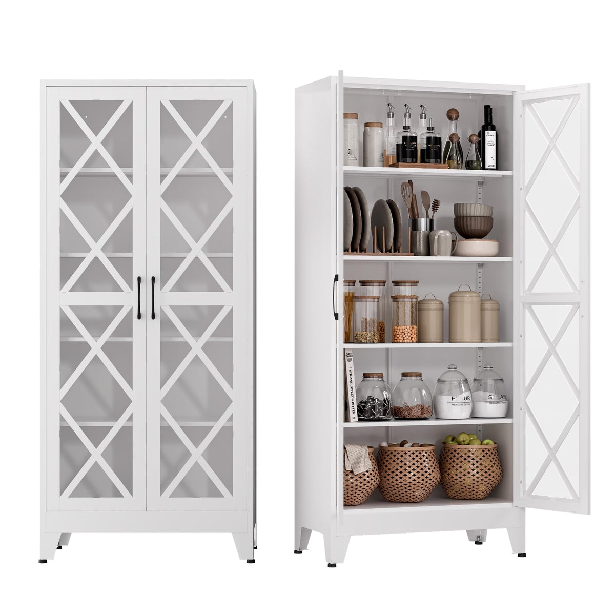 COFaR Black Farmhouse Storage Kitchen Pantry Cabinet with 2 Barn Door, 3 Adjustable Shelves and Legs, for Cupboard/Dining Room/Bathroom/Living Room/Office/Laundry Room (Black, 61" Farmhouse)