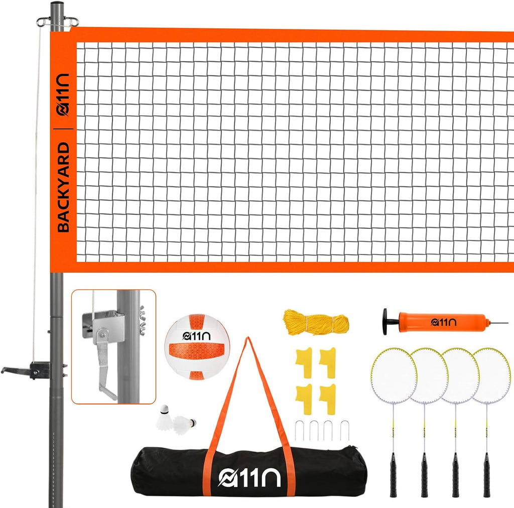 A11N SPORTS Outdoor Volleyball and Badminton Combo Set - Includes Adjustable Height Anti-Sag Net, Volleyball, Air Pump, 4 Badminton Rackets, 2 Shuttlecocks, Boundary Line Marker, and Carrying Bag