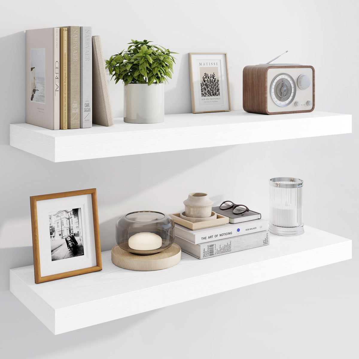 Marsmiles 55" Floating Shelves for Wall, Wooden Shelves with Invisible Brackets Set of 2, Rustic Farmhouse Wall Mounted Shelf for Kitchen Bathroom Living Room Study, White