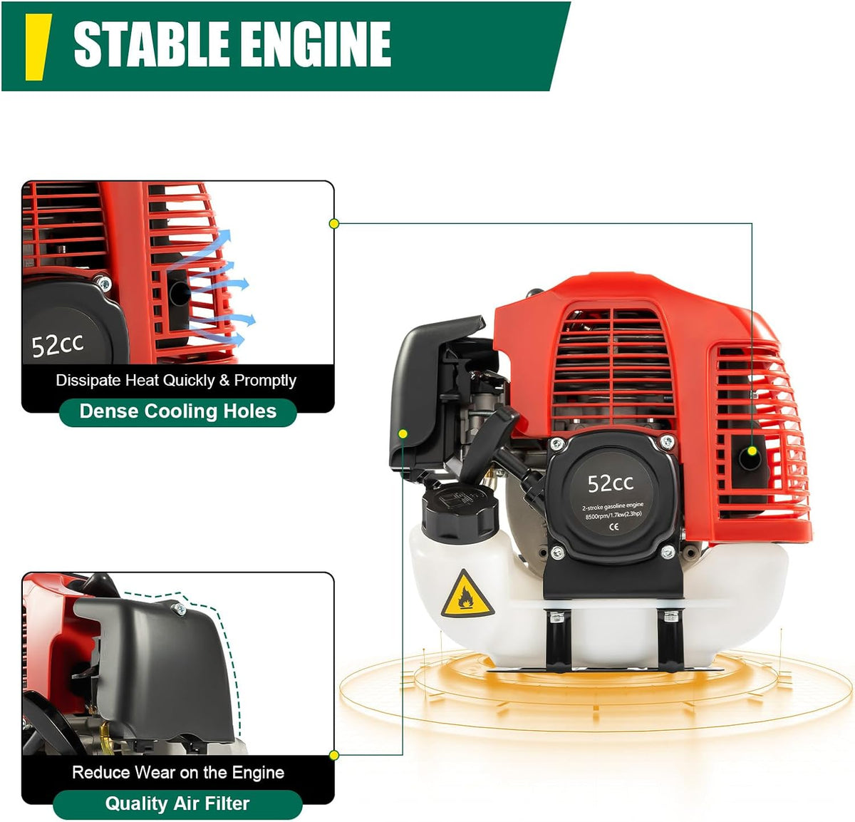 52CC 2-Stroke Gas Power Handheld Sweeper,2.3HP Air Cooled Fuel Engine Gas Power Sweeping Broom Machine,Used for Cleaning Artificial Grasslands, Streets and Farms(1.7KW)