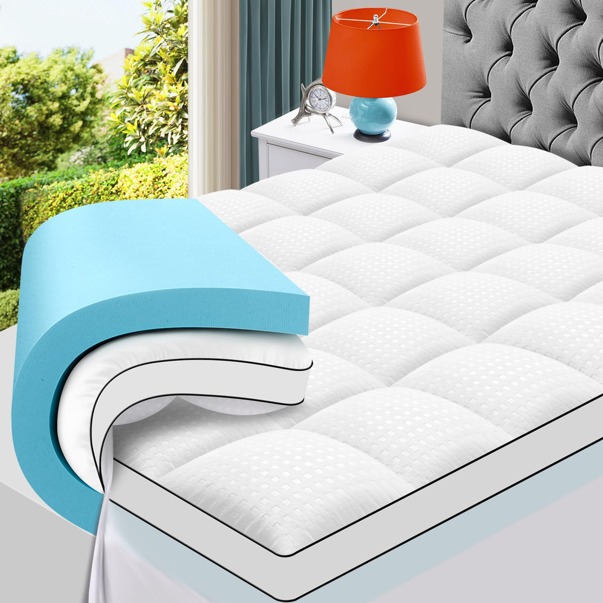MASVIS 4 Inch King Mattress Topper, 2-in-1 Dual Layer Design, 2" Gel Memory Foam and 2" Pillow Top Mattress Pad Cover, Viscose Made from Bamboo, Pressure Relief & Medium Firm Support