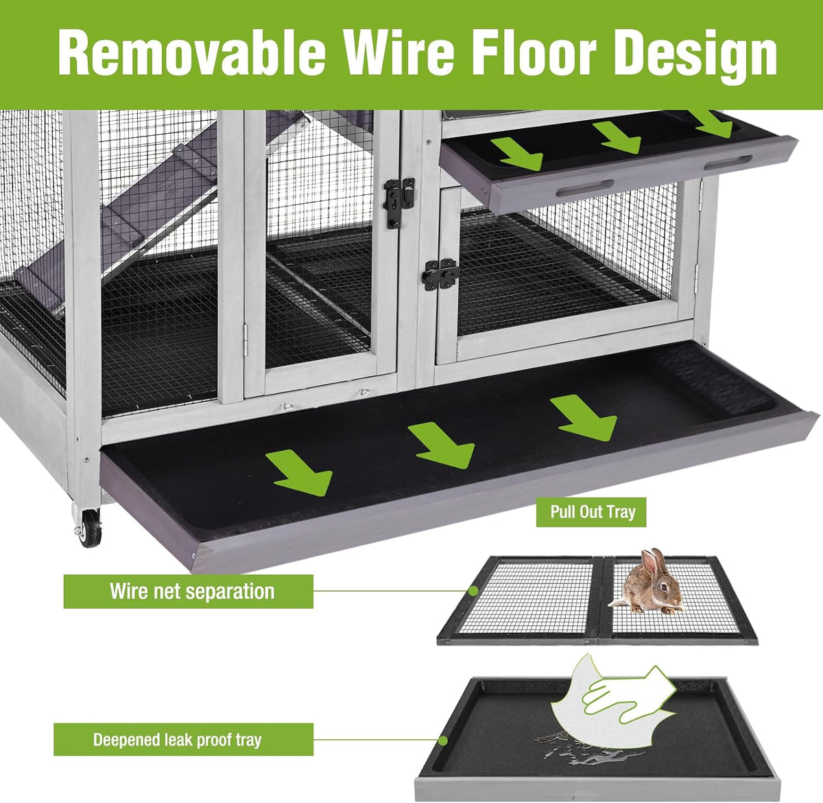 Indoor Rabbit Bunny Hutch Outdoor, Guinea Pig Cages with Removable Bottom Wire Netting - Easy Clean
