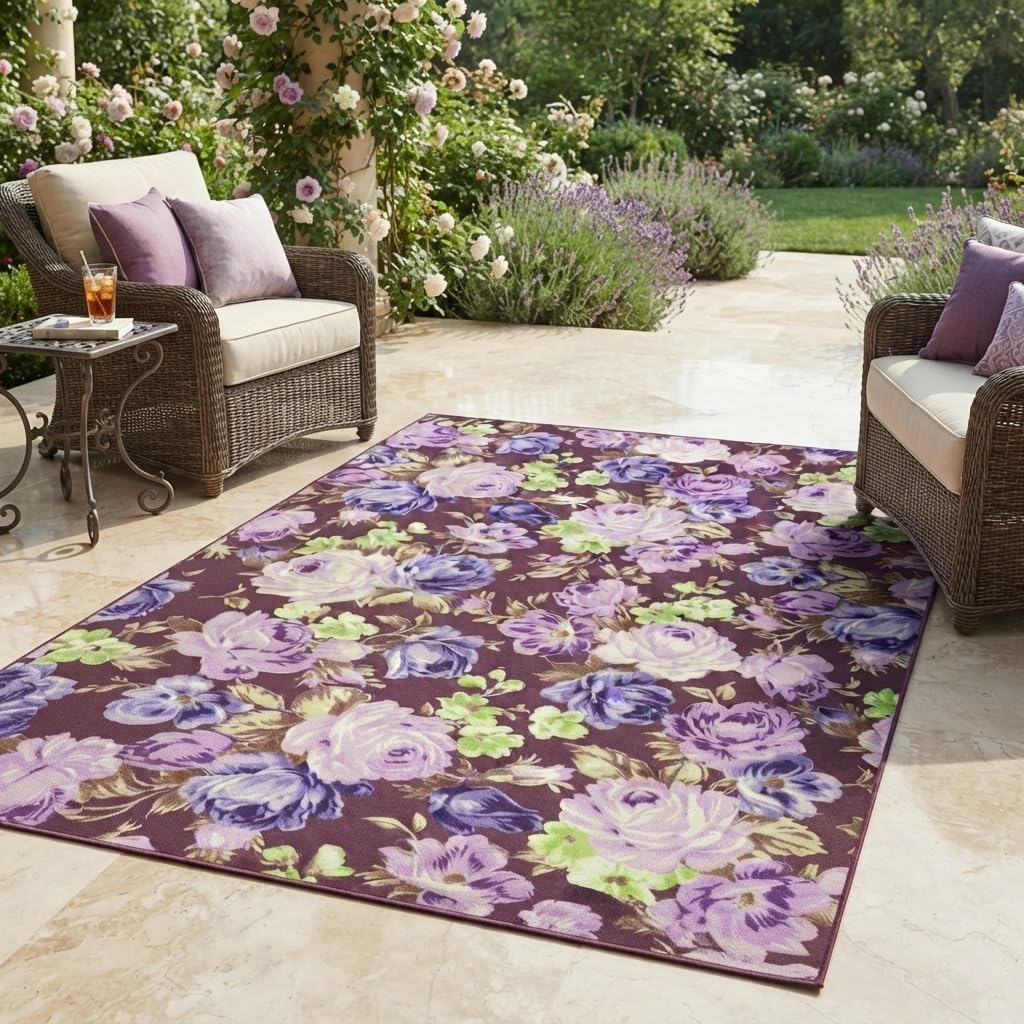 White Pink Beige Gentle Elegant Outdoor Floral Rugs 9x12 Contemporary Aesthetic Texture Thin Non Slip Durable Indoor Outside Carpets for Garden Backyard Balcony Patio Deck Veranda Deck Mats