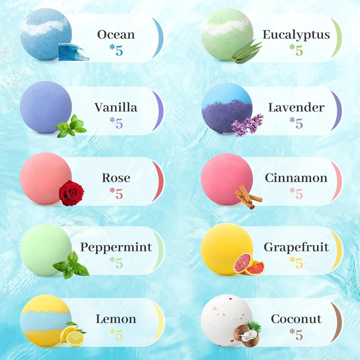 TranquilBliss Bath Bombs Set 50 PCS with 10 Scents, Natural Bathbombs, Blue