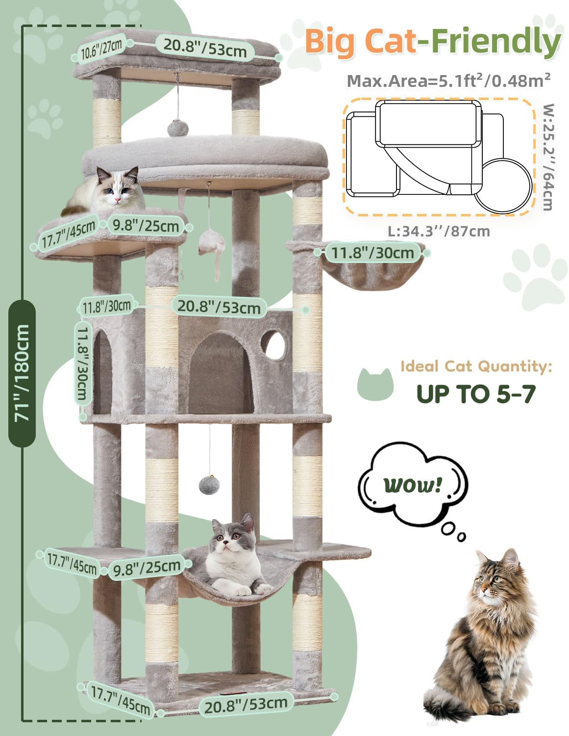 Taoqimiao Heavy-Duty Cat Tree, 71 in Cat Tower for Large Cats 20lbs+