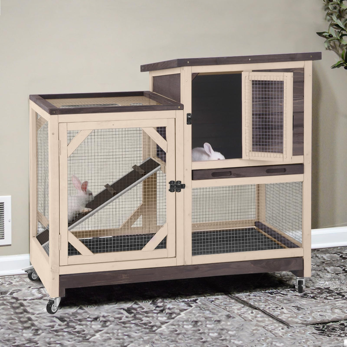 Gutinneen 2-Story Rabbit Hutch with Chew-Proof Ramp & Leak-Proof Trays - Indoor/Outdoor 39.3" Wooden Rabbit Cage with Wheels for Rabbits, Guinea Pigs