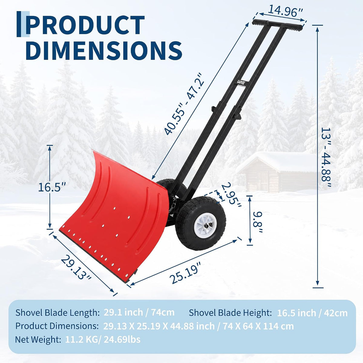 Snow Shovel with Wheels, 29" W x 16.54" H, Double Rod, Red