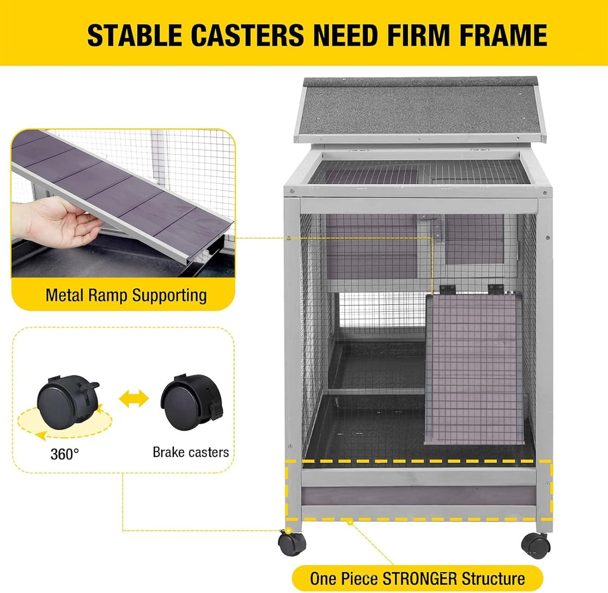 Aivituvin Rabbit Hutch Outdoor Indoor Rabbit Cage Chikcen Coop with Casters Guinea Pig Cage with 3 Deep No Leakage Pull Out Tray,Waterproof Roof