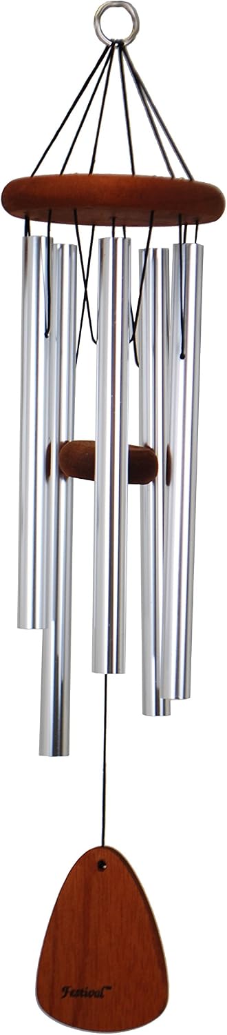 Festival 28-inch Redwood Wind Chime w/Customization in Silver by Wind River for Patio, Backyard, Garden, and Outdoor décor. Made in the USA