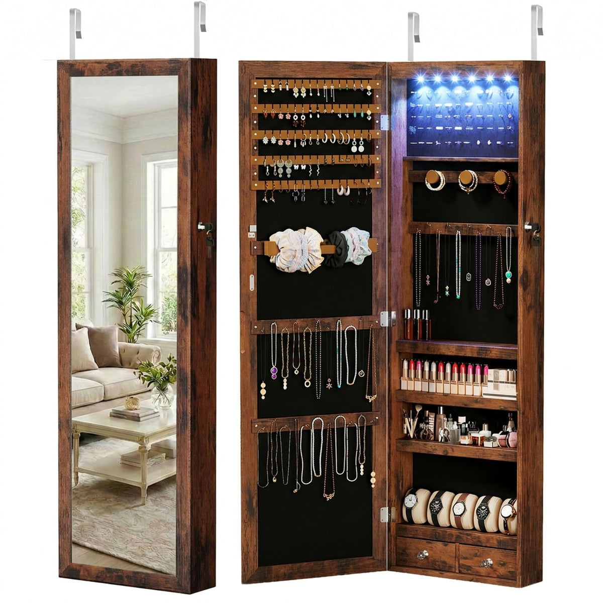 DUMOS 6 LEDs Mirror Jewelry Cabinet, Wall or Door Mounted Jewelry Organizer, 47.2-Inch Tall Lockable Large Capacity Cosmetic Storage, Gift Idea, White