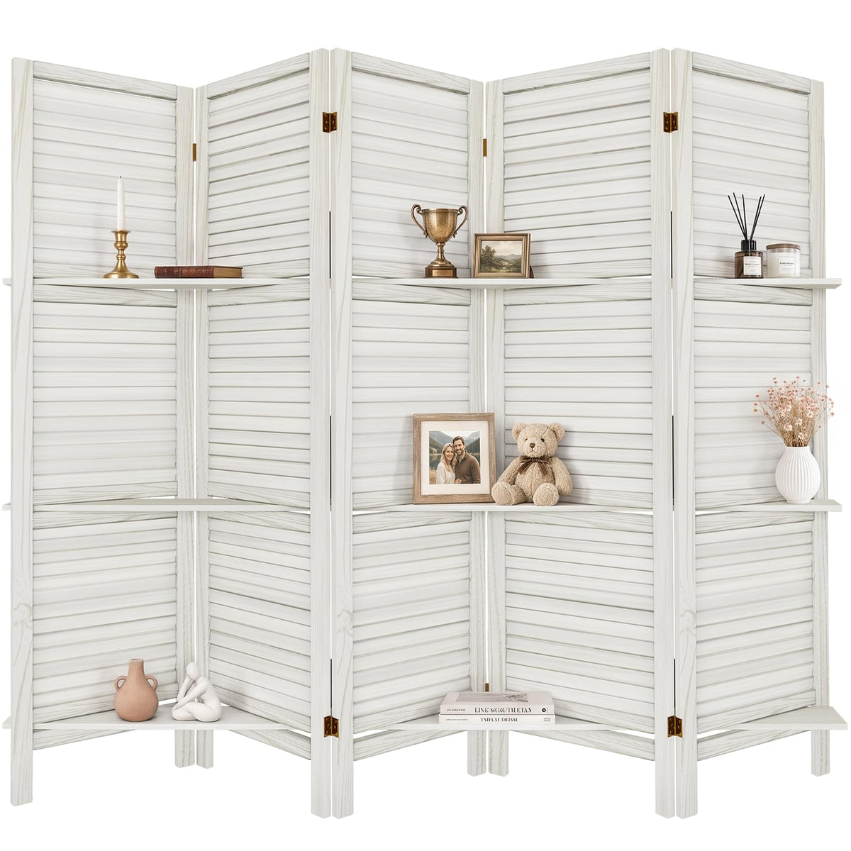 TEAKMAMA Room Divider, Room Divider with Shelves, 4 Panel,Distressed White